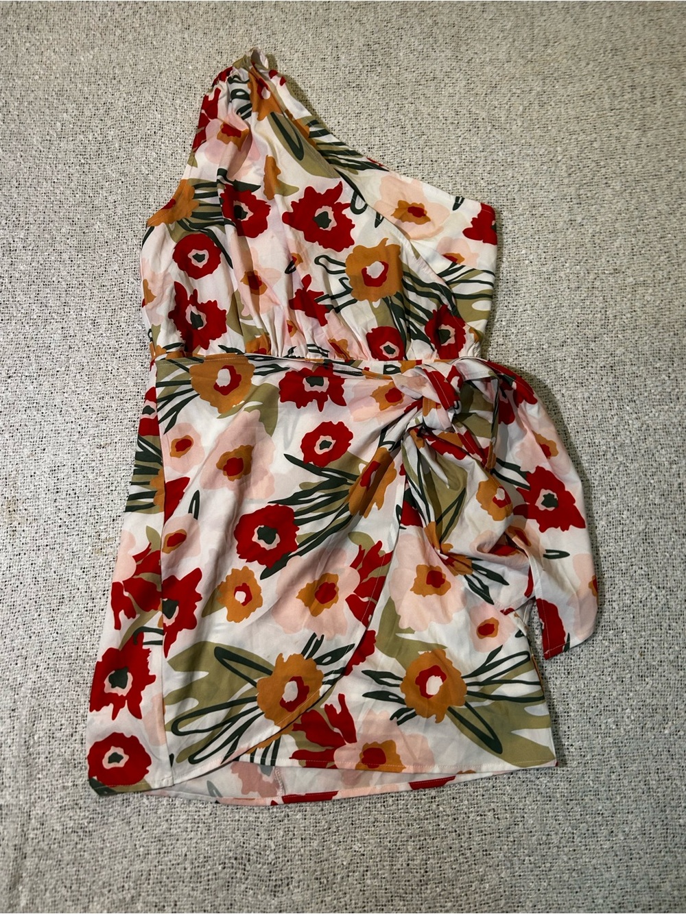 One-Shoulder Floral Tie-Waist Mini Dress Size M
